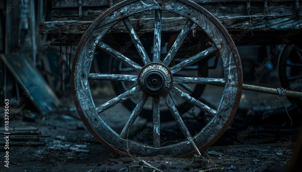 A close-up of a weathered wooden wagon wheel with spokes and a metal hub. A close-up of a weathered wooden wagon wheel with spokes and a metal hub.