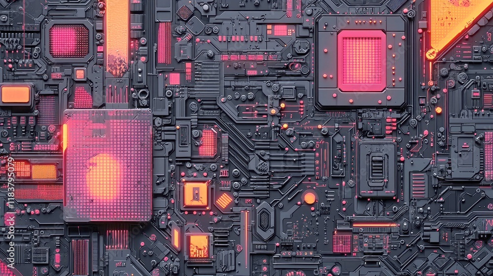 Fototapeta premium Abstract Futuristic Circuit Board: Cyberpunk Technology Background. A mesmerizing digital art exploration of intricate electronic networks and glowing circuitry.