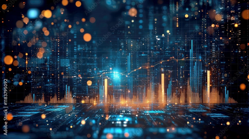 Fototapeta premium Abstract Futuristic Business Finance Growth Chart: Data Analytics, Market, Investment, and Technology