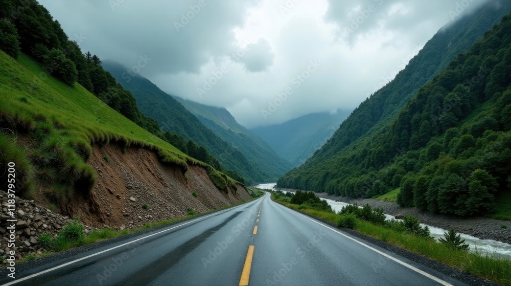 Naklejka premium Scenic mountain road journey through lush green valley alongside a river