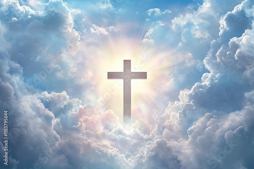 Fototapeta Naklejka Na Ścianę i Meble -  Christian cross on grey cloudy sky background announces Jesus's rising from the dead. Resurrection day concept. 