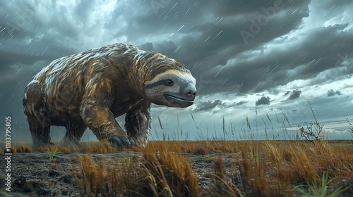 The Giant Ground Sloth, belonging to the extinct family Mylodontidae or Megatheriidae, was a massive, herbivorous mammal that roamed the Americas during the Pleistocene epoch, over 10,000 years ago. W photo