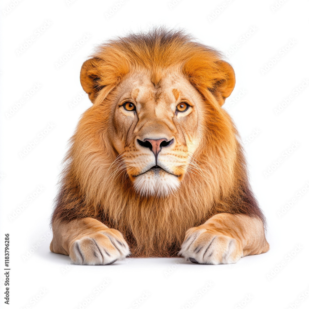 Magnificent lion, powerful gaze, golden mane, against a pristine white background. Magnificent lion, powerful gaze, golden mane, against a pristine white background.