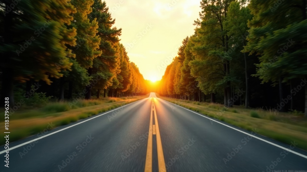Obraz premium Asphalt Road Leading Towards a Vibrant Sunset Through a Lush Green Forest