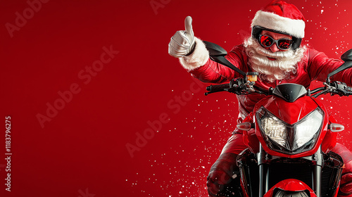 Abstract crazy Santa claus on supersport racing motorcycle in red white leathers thumbs up wide panorama banner christmas background as design pattern with copy space photo