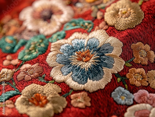 A detailed close-up of colorful floral embroidery featuring blue, cream, and orange flowers intricately stitched on luxurious red fabric photo