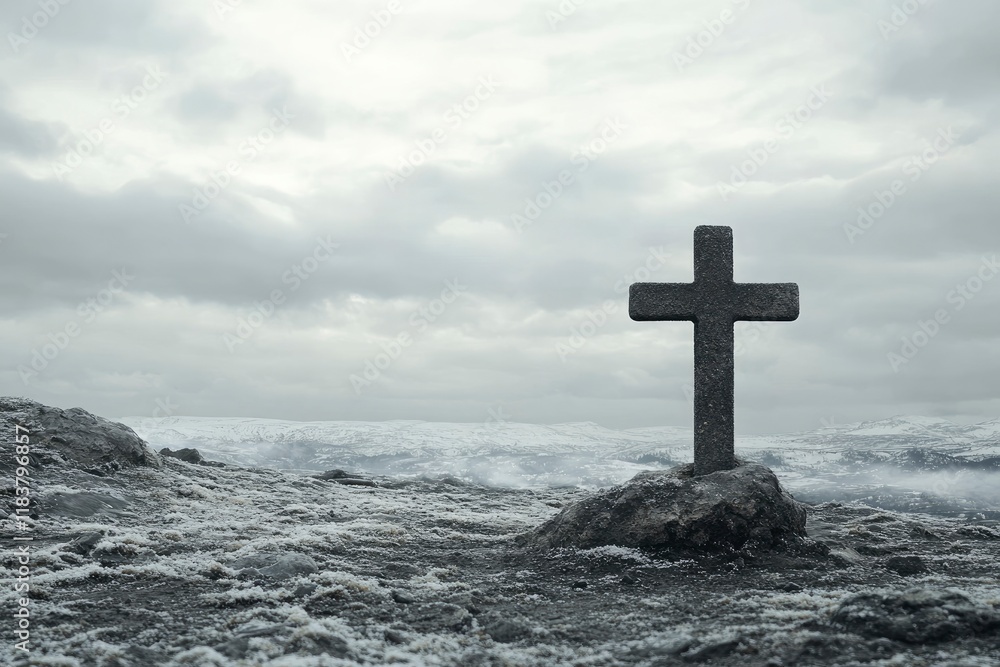 Christian cross on grey cloudy sky background announces Jesus's rising from the dead. Resurrection day concept. Christian cross on grey cloudy sky background announces Jesus's rising from the dead. Resurrection day concept.
