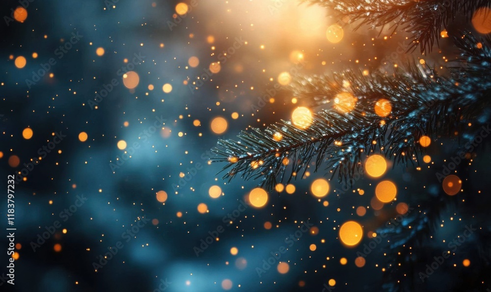 Captivating bokeh lights shimmer near evergreen branches in winter Captivating bokeh lights shimmer near evergreen branches in winter