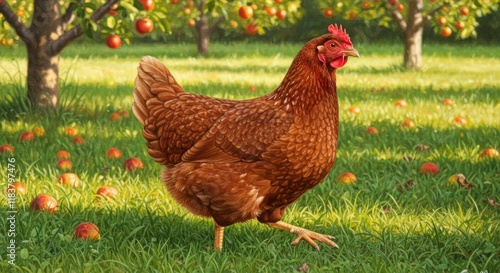 A Rhode Island Red Hen in an Apple Orchard photo