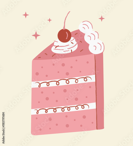 Set of birthday abstract cake slice with cream and cherry in flat vintage style. Layered pink dessert on isolated background
