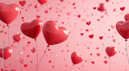 A cute and romantic 3D rendering with red heart-shaped balloons and confetti on a soft pink pastel surface, ideal for Valentine’s Day designs, love-themed cards, and festive celebrations.