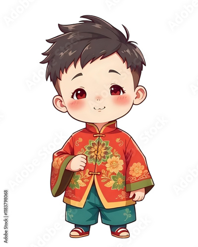 A cartoon boy wearing a Chinese dress on Chinese new year's day. 