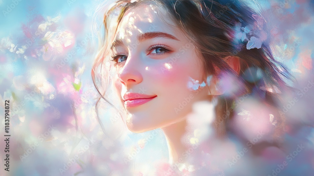 A portrait of a woman with glowing skin and a gentle smile, surrounded by soft pastel tones that enhance her natural beauty and femininity. A portrait of a woman with glowing skin and a gentle smile, surrounded by soft pastel tones that enhance her natural beauty and femininity.