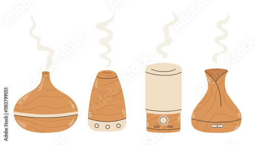 Vector set of wooden aroma diffuser in cartoon style. Different types of diffuser.