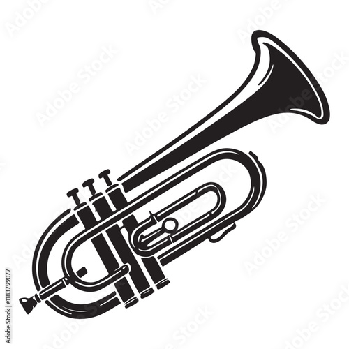 Trombone Silhouette Vector Illustration, Solid White Background.