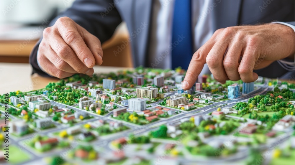 Fototapeta premium Architect Examining City Model: Urban Planning and Development