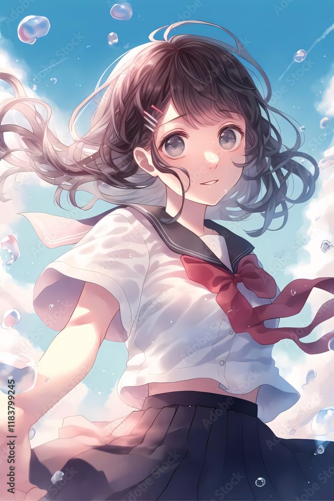 Girl, school uniform, sky, bubbles, joyful, summer, illustration, anime, website. Girl, school uniform, sky, bubbles, joyful, summer, illustration, anime, website.