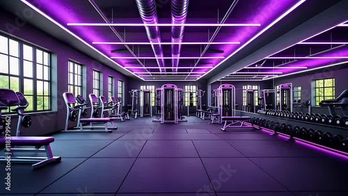 Modern Gym with Purple LED Lighting, Fitness Equipment, and Spacious Interior with Large Windows

 photo