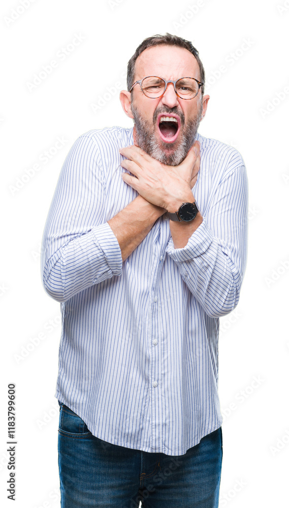 Middle age hoary senior man wearing glasses over isolated background shouting and suffocate because painful strangle. Health problem. Asphyxiate and suicide concept. Middle age hoary senior man wearing glasses over isolated background shouting and suffocate because painful strangle. Health problem. Asphyxiate and suicide concept.