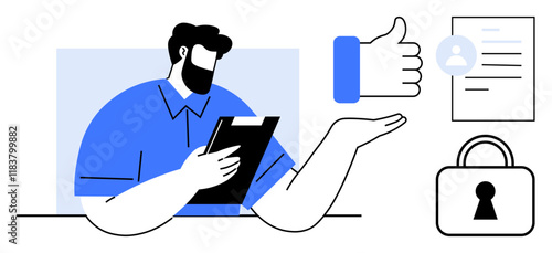 Bearded man holding clipboard, thumbs up icon, user profile document, and lock icon. Ideal for business reviews, team management, user authentication, online security, data privacy user