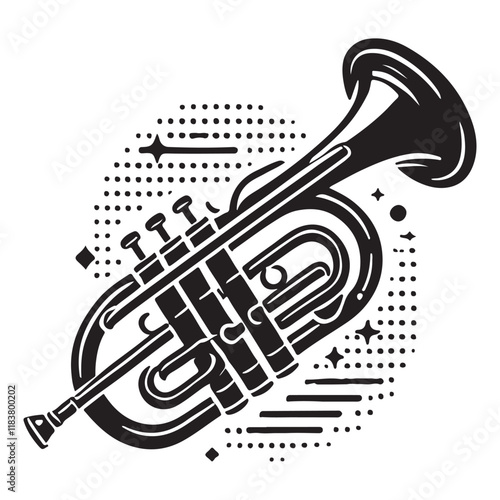 Trombone Silhouette Vector Illustration, Solid White Background.