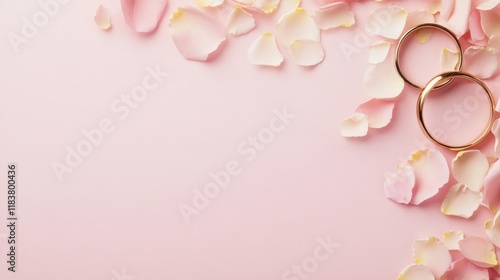 Delicate pink petals surround two gold wedding rings on a soft background, symbolizing love and romance.