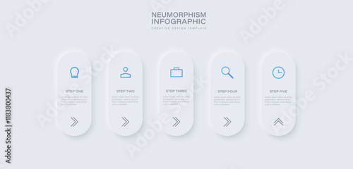 Neumorphic rounded elements placed in horizontal row. Infographic design template with 5 options, steps ot processes