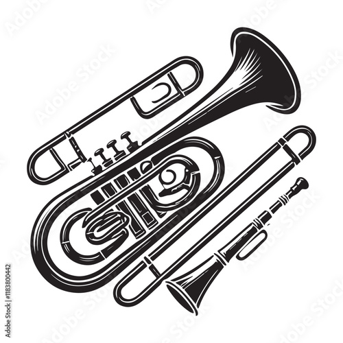 Trombone Silhouette Vector Illustration, Solid White Background.