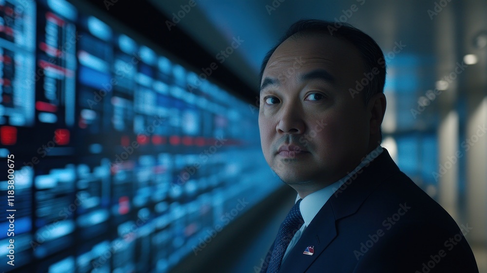 A Powerful Portrait: Businessman Amidst Data A Powerful Portrait: Businessman Amidst Data