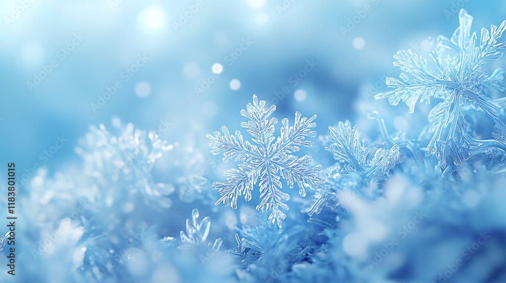 Snowflakes gently falling through a tranquil blue winter wonderland landscape. Generative AI Snowflakes gently falling through a tranquil blue winter wonderland landscape. Generative AI
