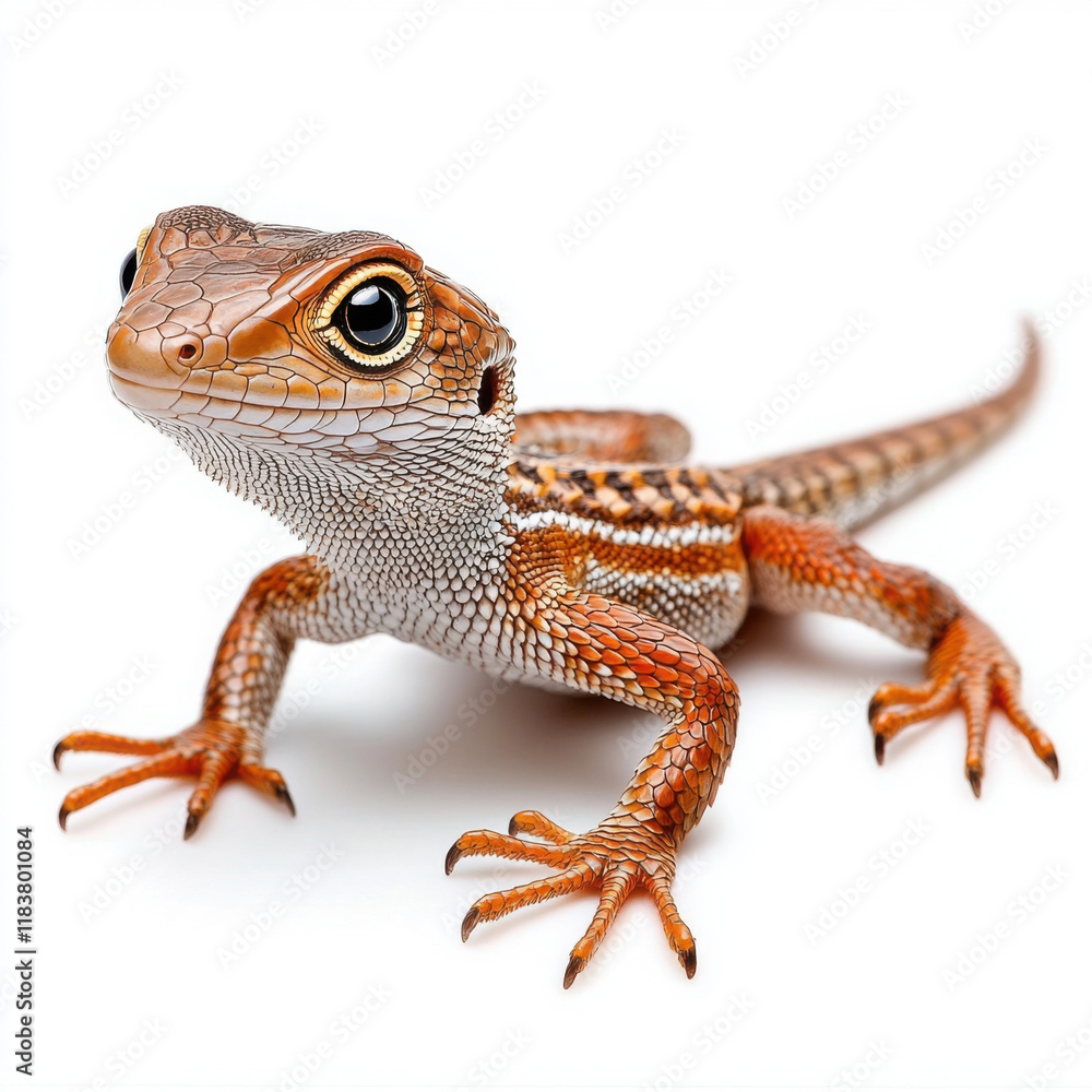 Naklejka premium Vibrant Orange Lizard on White Background; Close-Up