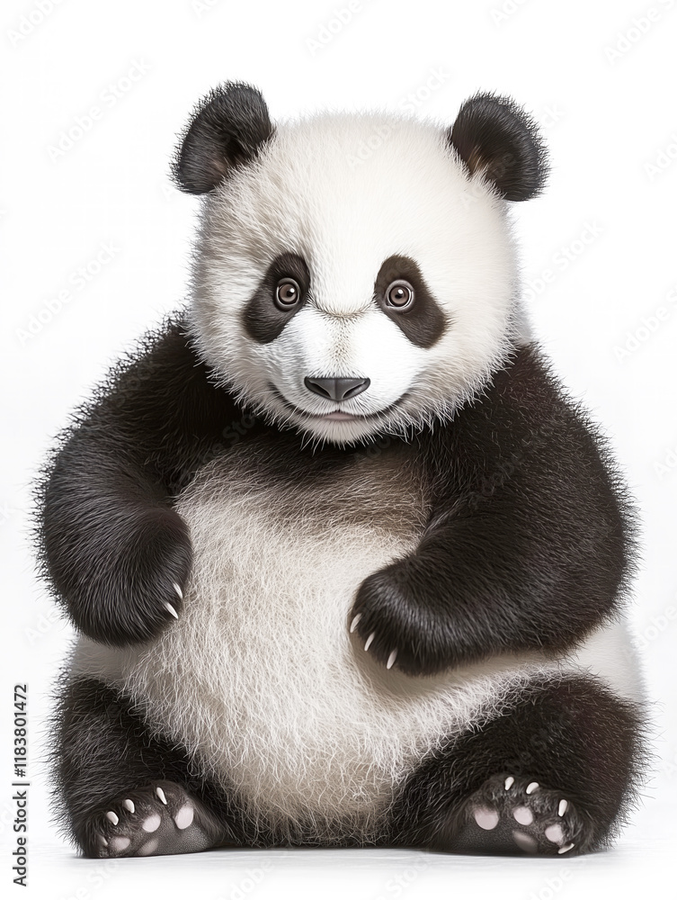 Naklejka premium cute, fluffy panda sits with curious expression on white background.