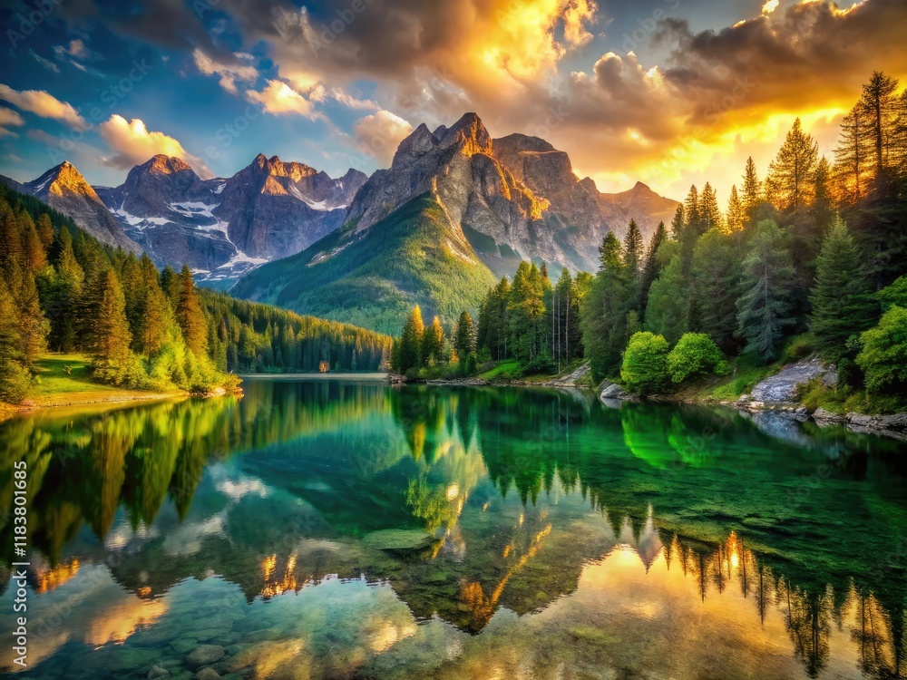 Majestic mountain lake: serene waters, epic views, breathtaking landscape. Majestic mountain lake: serene waters, epic views, breathtaking landscape.
