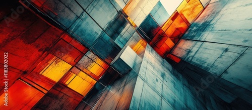 Abstract Concrete and Glass Structure: A Vivid Symphony of Red, Orange, and Teal photo