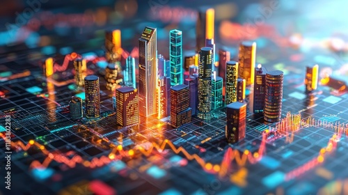 A digital cityscape with financial data overlays, symbolizing technology and finance.