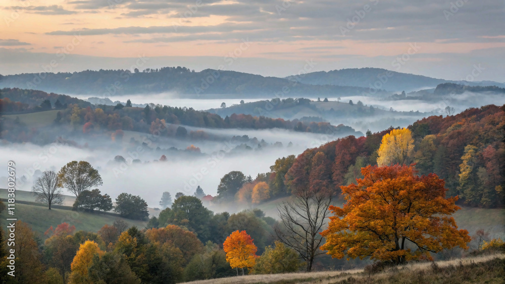Obraz premium The Serene Fog Enveloping Autumn Hills at Dawn