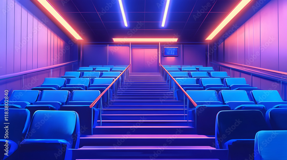 Fototapeta premium Movie cinema hall interior with blue row of seats, illustration