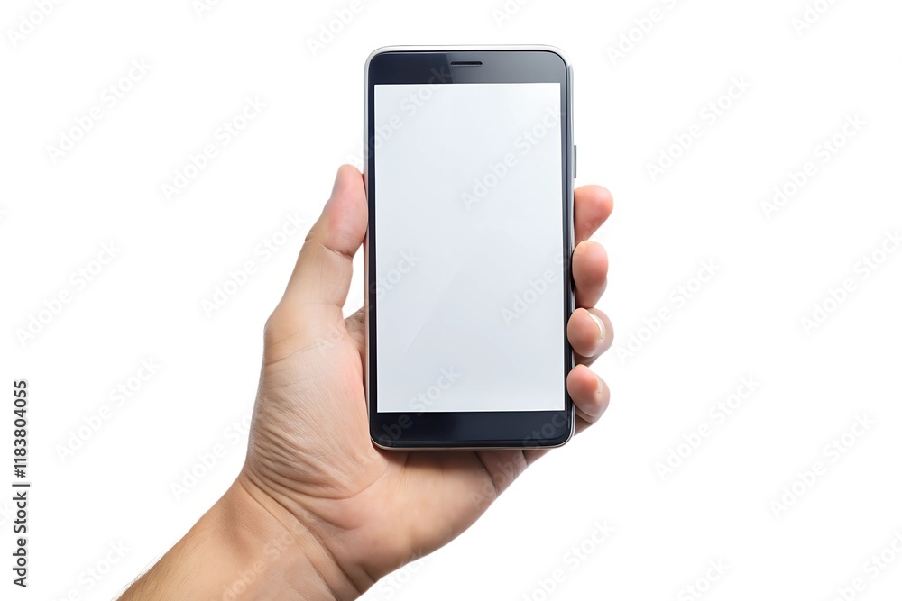 Hand holding smartphone with blank screen, showcasing modern communication technology Hand holding smartphone with blank screen, showcasing modern communication technology