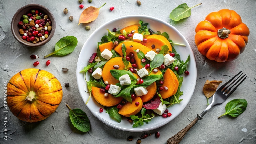 Overhead studio shot: A vibrant pumpkin salad graces a white plate, autumn's gourmet delight. Overhead studio shot: A vibrant pumpkin salad graces a white plate, autumn's gourmet delight.