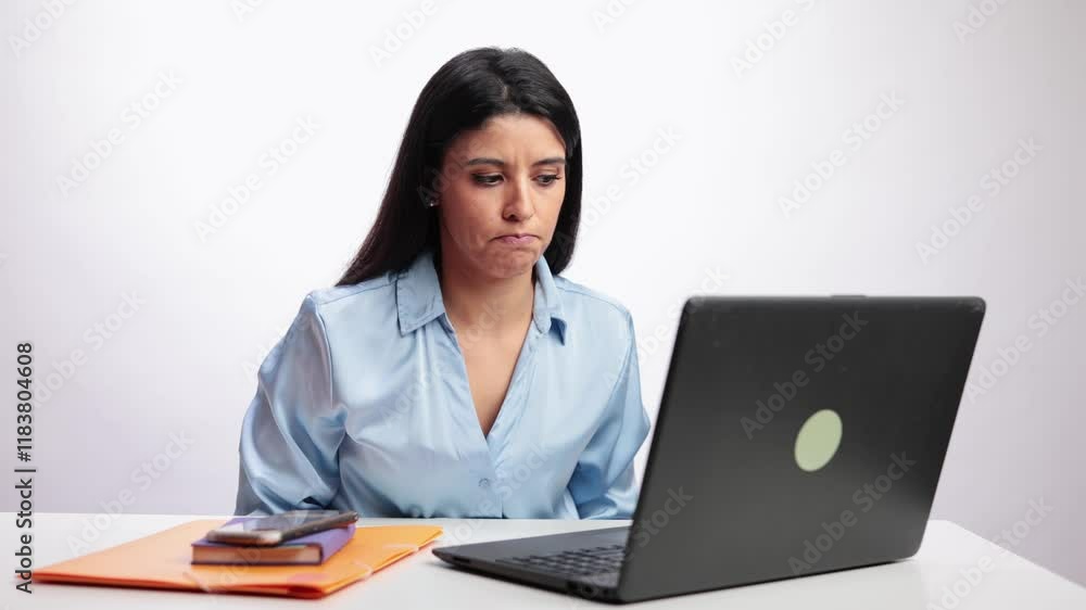 Latin businesswoman getting stressed at work in slow motion Latin businesswoman getting stressed at work in slow motion