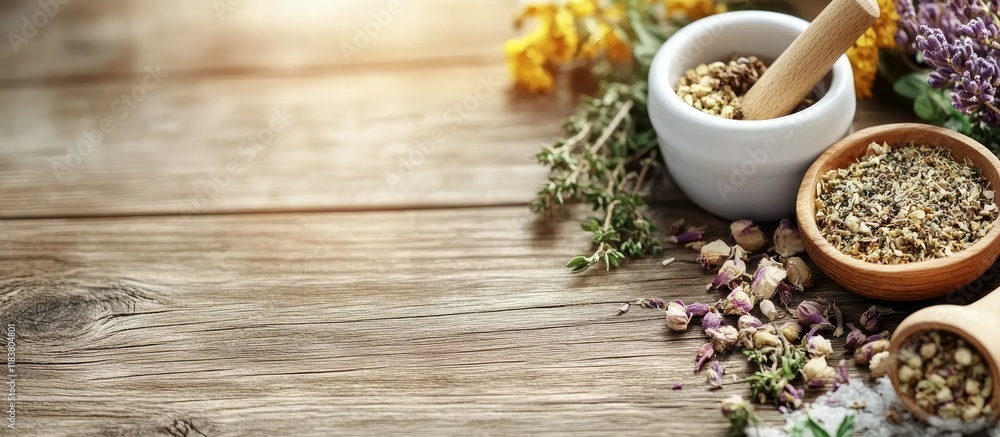Dried Herbs and Spices on Rustic Wooden Table Dried Herbs and Spices on Rustic Wooden Table