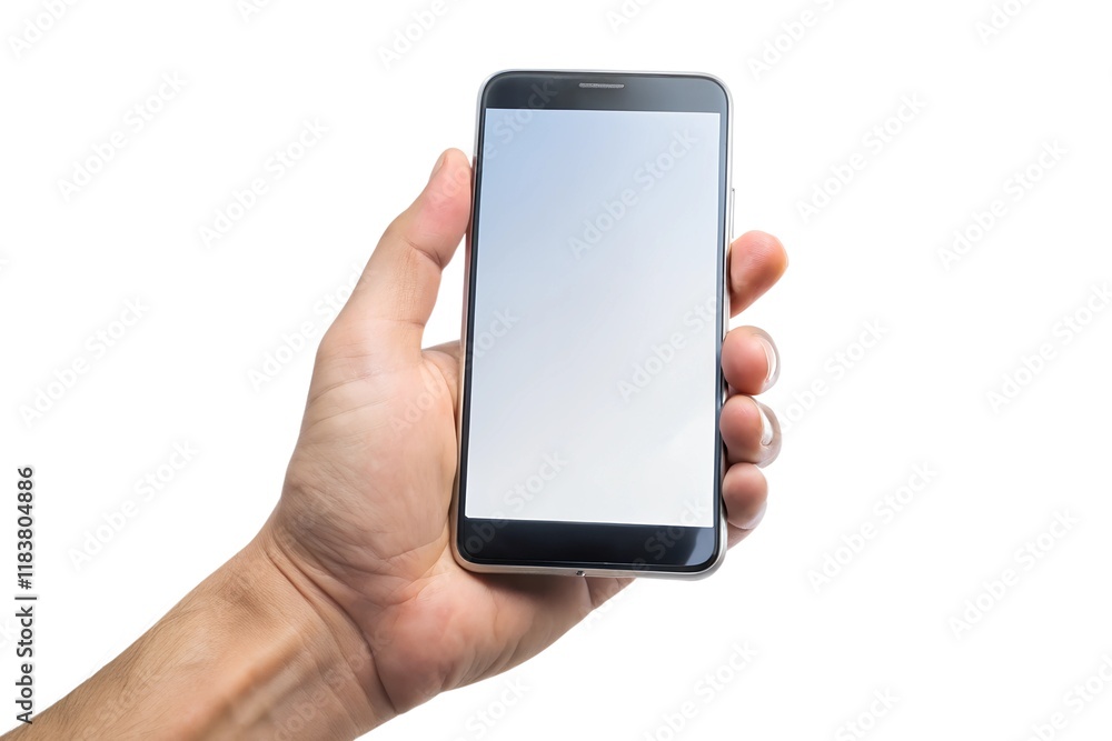 Hand holding smartphone with blank display, perfect for showcasing mobile technology and communication Hand holding smartphone with blank display, perfect for showcasing mobile technology and communication