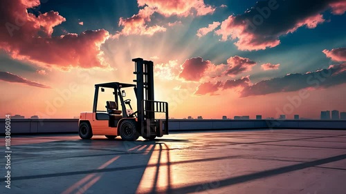 Forklift Moving on Rooftop with Sunset and Dramatic Sky in Background, Casting Long Shadows on the Ground

 photo