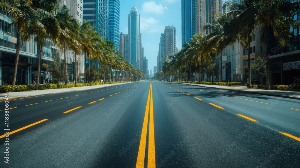 Obraz premium Empty City Street with Palm Trees and Skyscrapers