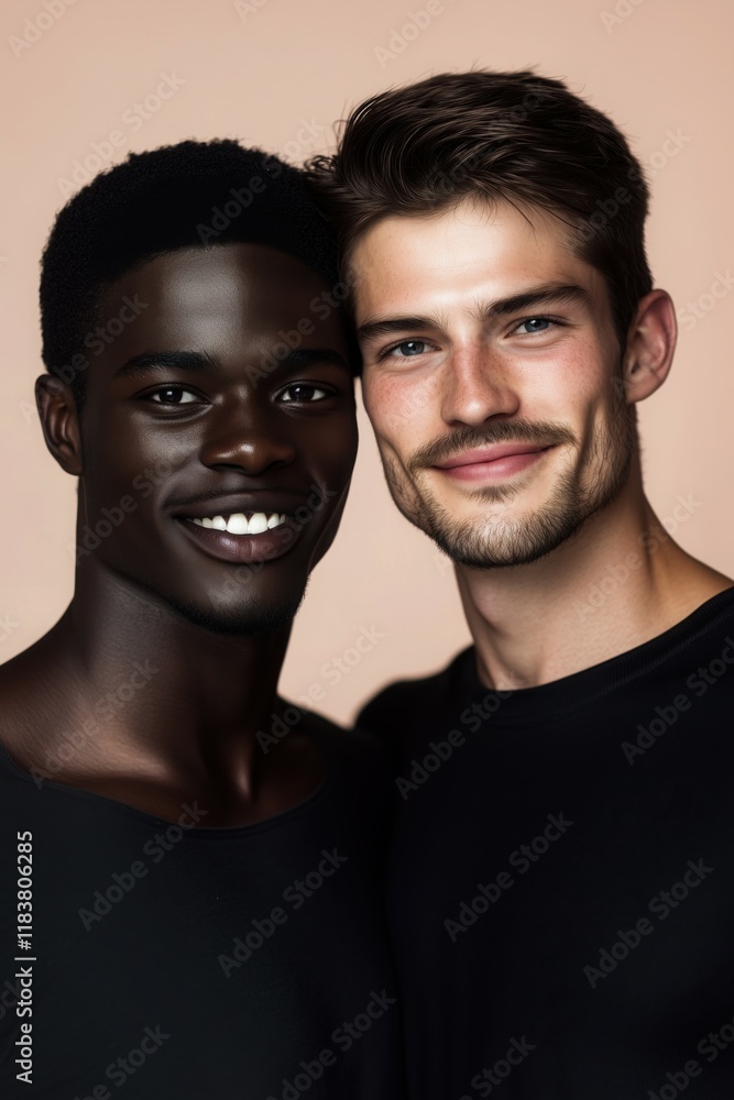 Fototapeta premium Color studio shot of a gay couple laughing affectionately.