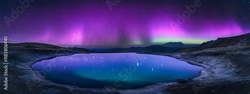 A mesmerizing shot of a high-altitude volcanic lake with a shimmering, turquoise surface and a rare, deep purple aurora australis casting an ethereal glow over the waters