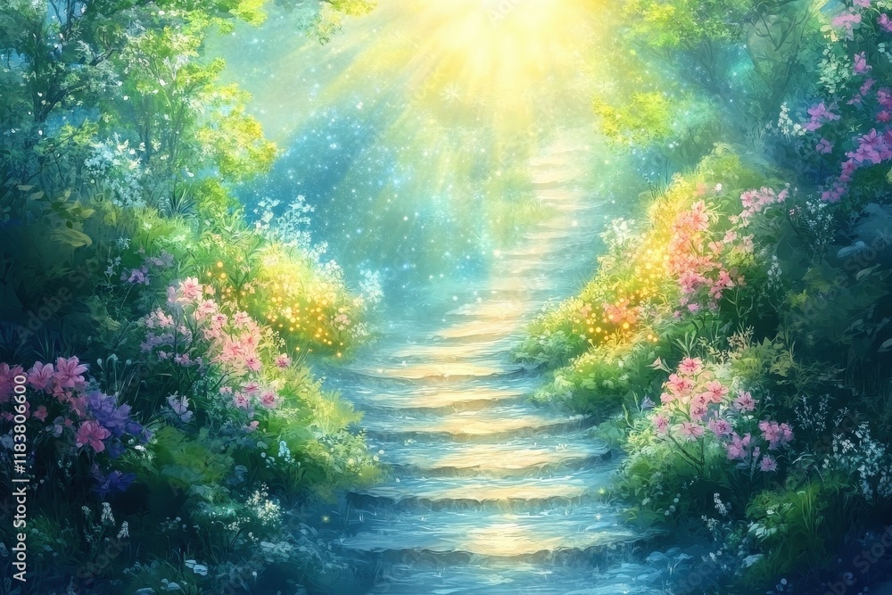 Fototapeta premium Sunlit Stone Steps Lead Through A Magical Flower Garden