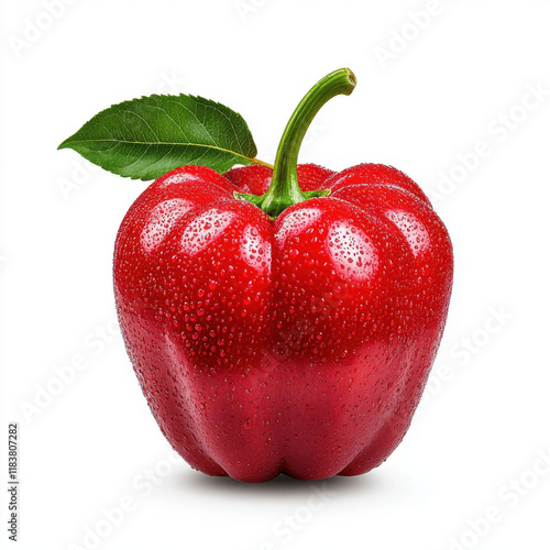 Juicy Red Bell Pepper, glistening with dew drops, on a pure white background.
