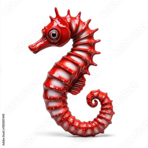 Vibrant Red Seahorse: A captivating 3D render of a stylized seahorse against a pure white background.