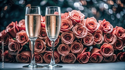 Romantic Valentine's Day:  Champagne and roses in sharp, high-depth-of-field photography; a luxurious celebration.